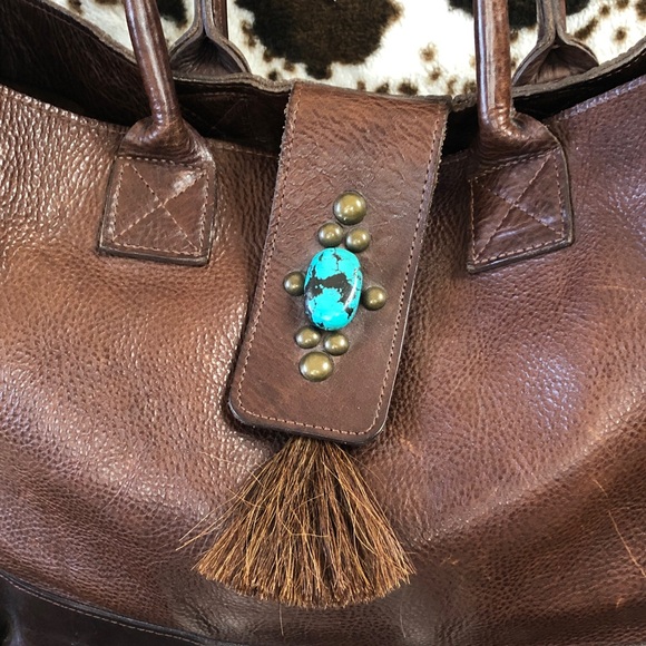 Big Two Bar West McFadin Leather Tote Bag Studded Turquoise Horse Hair Tassel - Picture 7 of 15